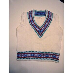 Vintage Large 60s Vneck White Sweater Vest Pullover nordic alpine snowflake trim